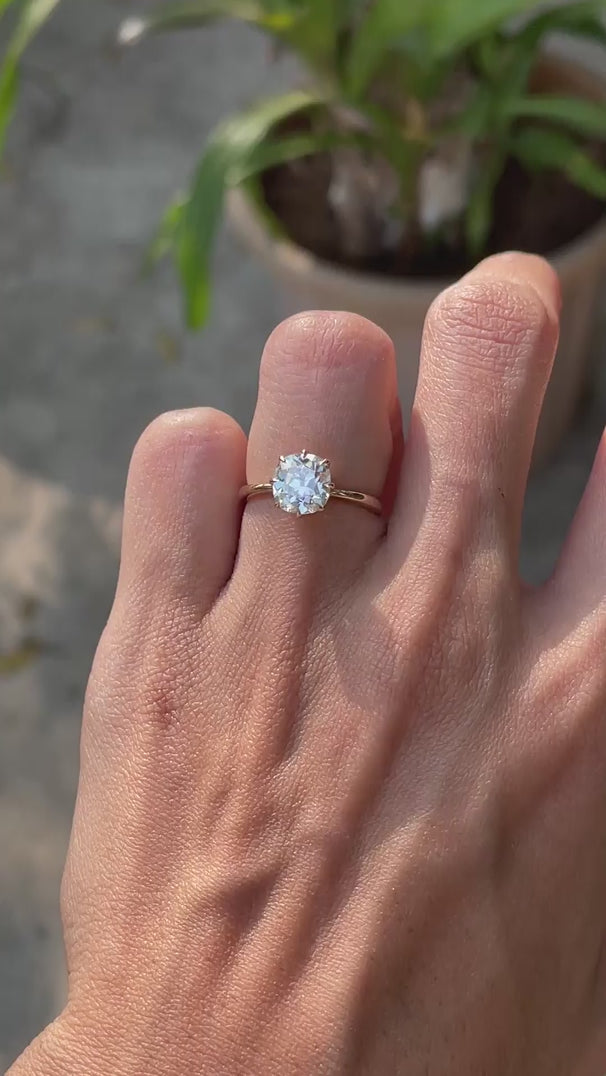 Top view of elongated cushion old mine cut solitaire ring on fingure video