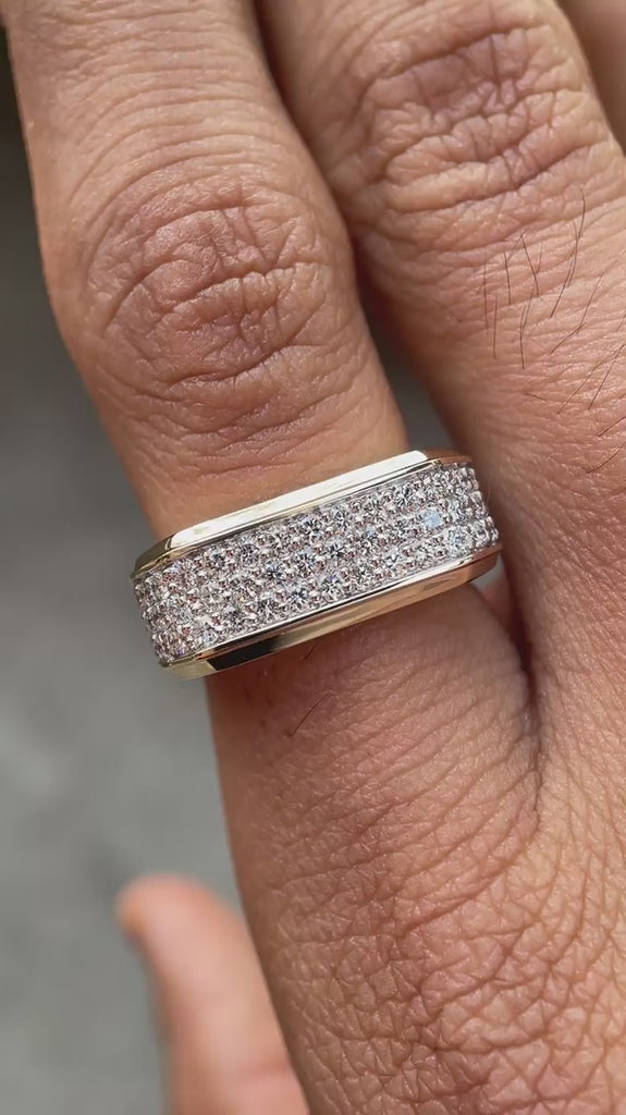 Wide tapered men’s wedding ring with round pavé diamonds video