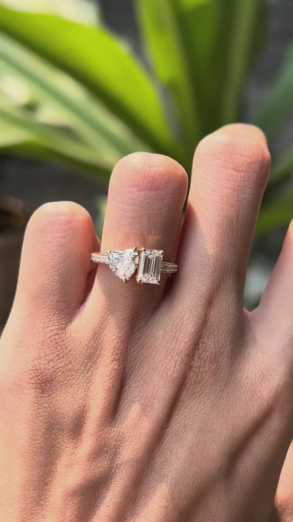 Heart and emerald shaped lab grown diamond ring in 14k yellow gold