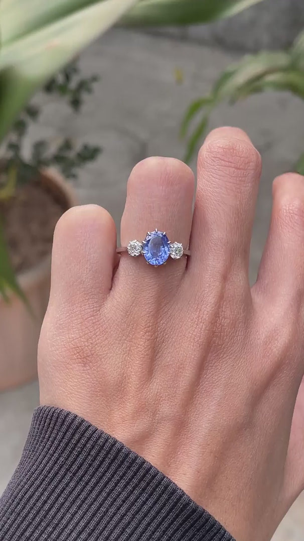 Three stone sapphire and old European cut diamond engagement ring video