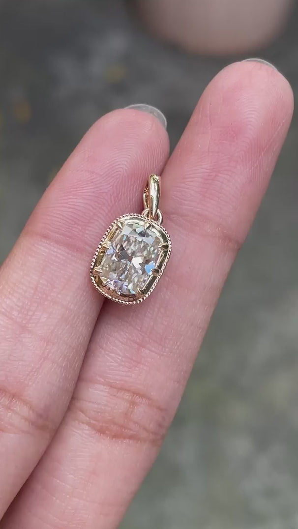14k yellow gold elongated cushion lab grown diamond pendant with antique georgian-inspired design