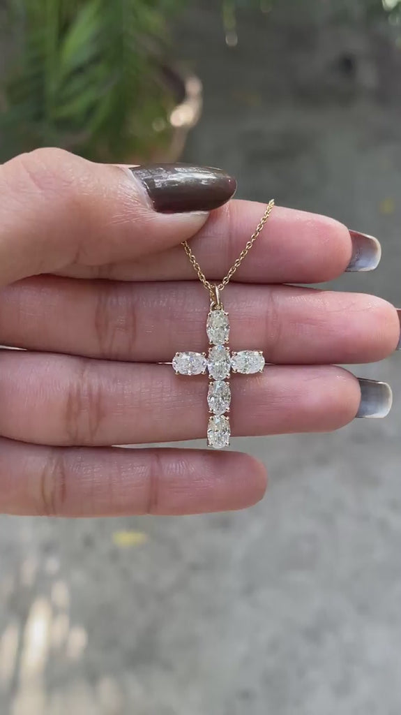 Oval moissanite cross pendant 14k yellow gold for men and women