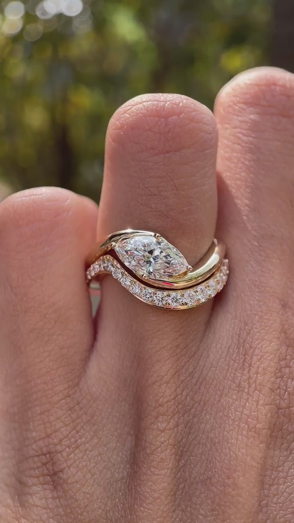 Marquise wedding ring set wave style 14k yellow gold video