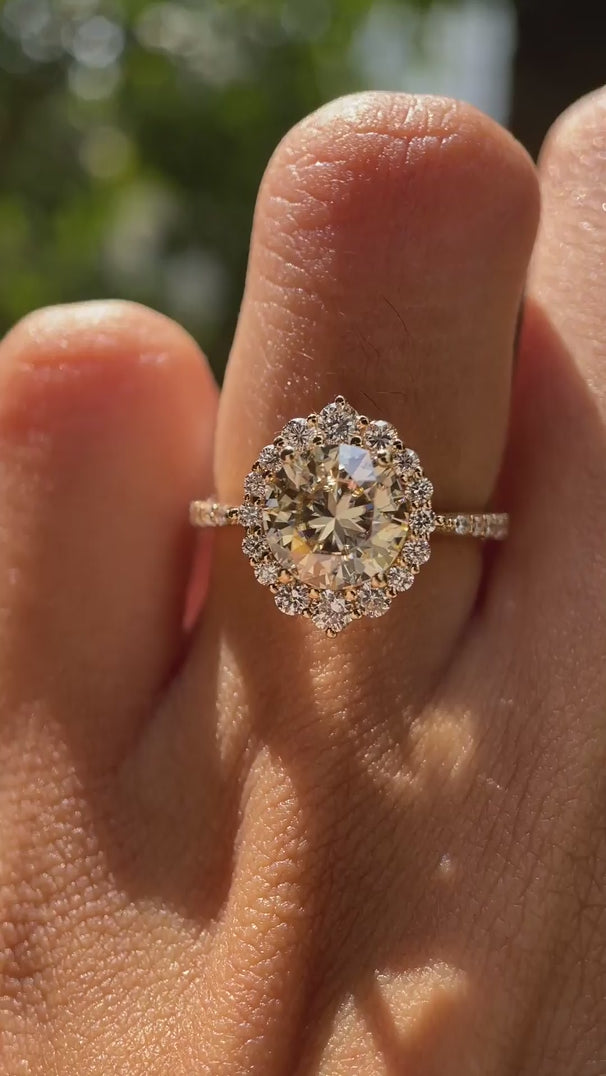 Yellow champagne moissanite halo cathedral wedding ring gold video