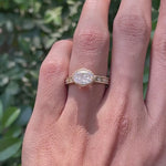 Cushion moissanite starburst ring in 14k yellow gold brushed matte finish
