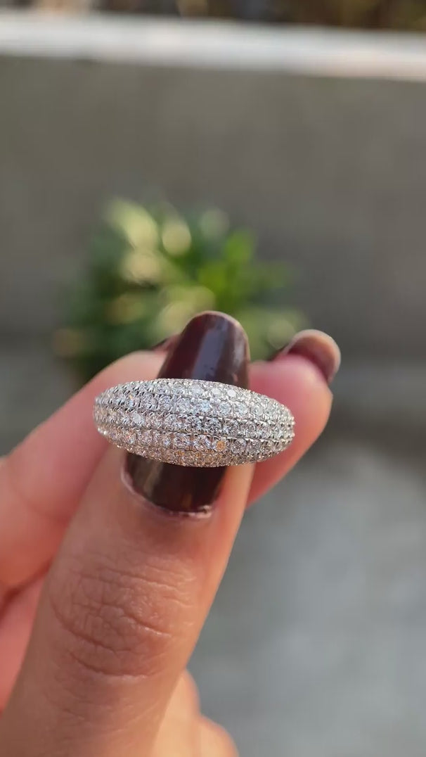 Multi row pave lab diamond dome cocktail ring in white gold close up video