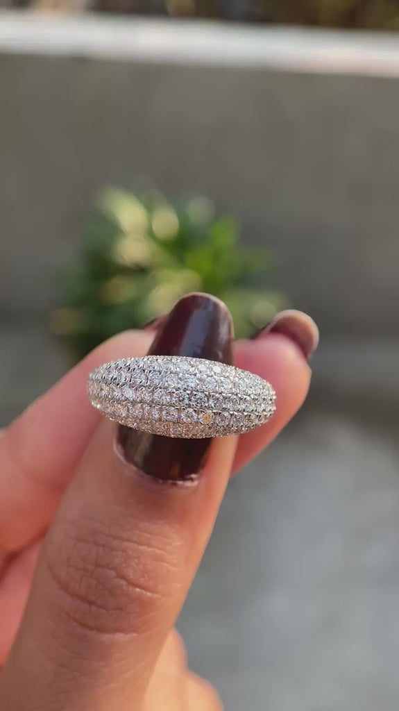 Multi row pave lab diamond dome cocktail ring in white gold close up video
