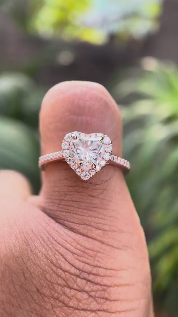 14k Rose Gold Heart Shaped Halo Moissanite Ring Video