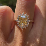 Elongated cushion yellowish champagne moissanite halo ring video