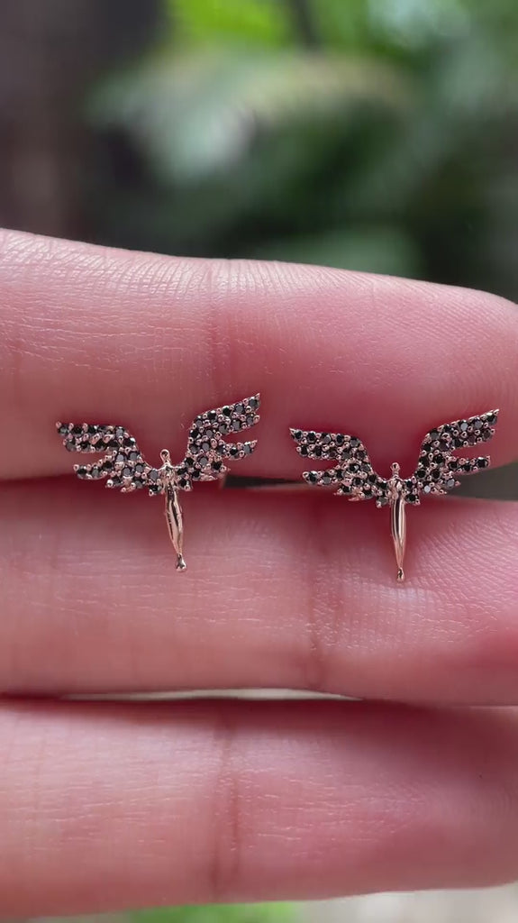 Black moissanite angel wing studs with screw back option video
