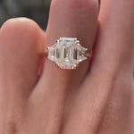 Emerald lab diamond ring with trapezoid side stones front view video