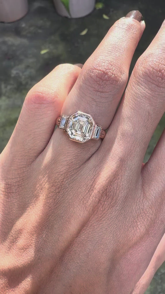 Asscher cut three stone engagement ring moissanite or lab diamond