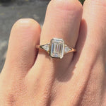 Emerald cut lab grown diamond 3 stone bezel ring 14k yellow gold