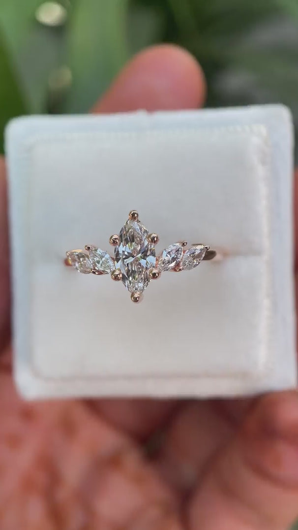 Marquise lab grown diamond cluster engagement ring in 14K rose gold shown from multiple angles