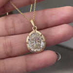 OMC Pear Moissanite Georgian Pendant 18k Gold, 6 CT Off White Stone, Spray Matte Finish