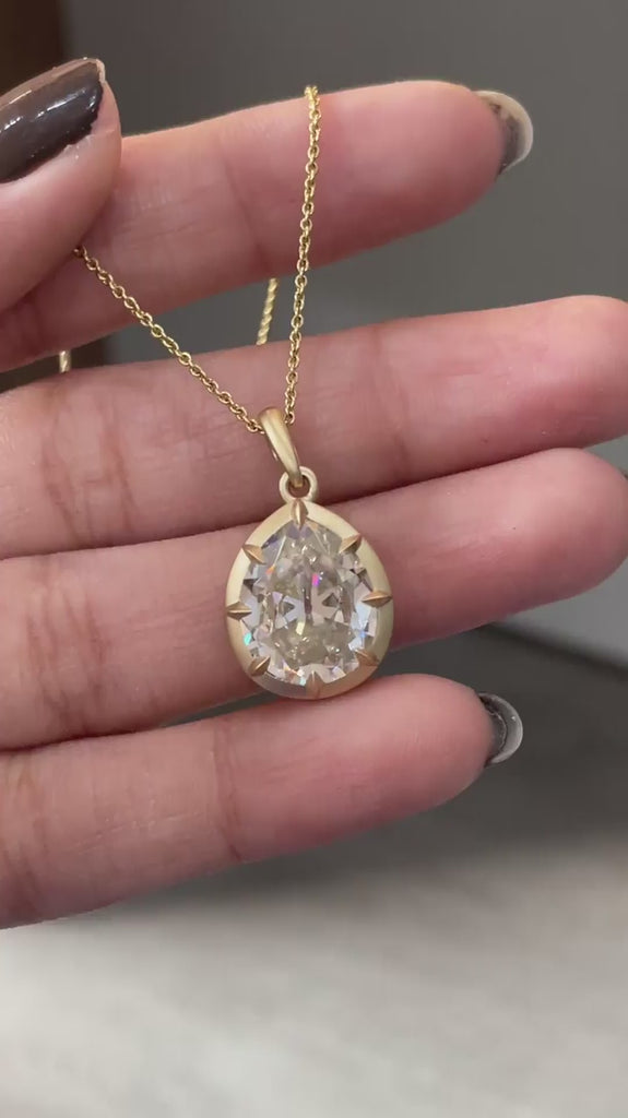 OMC Pear Moissanite Georgian Pendant 18k Gold, 6 CT Off White Stone, Spray Matte Finish