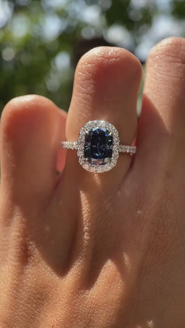 Elongated cushion deep blue moissanite halo wedding ring video