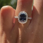 Elongated cushion deep blue moissanite halo wedding ring video