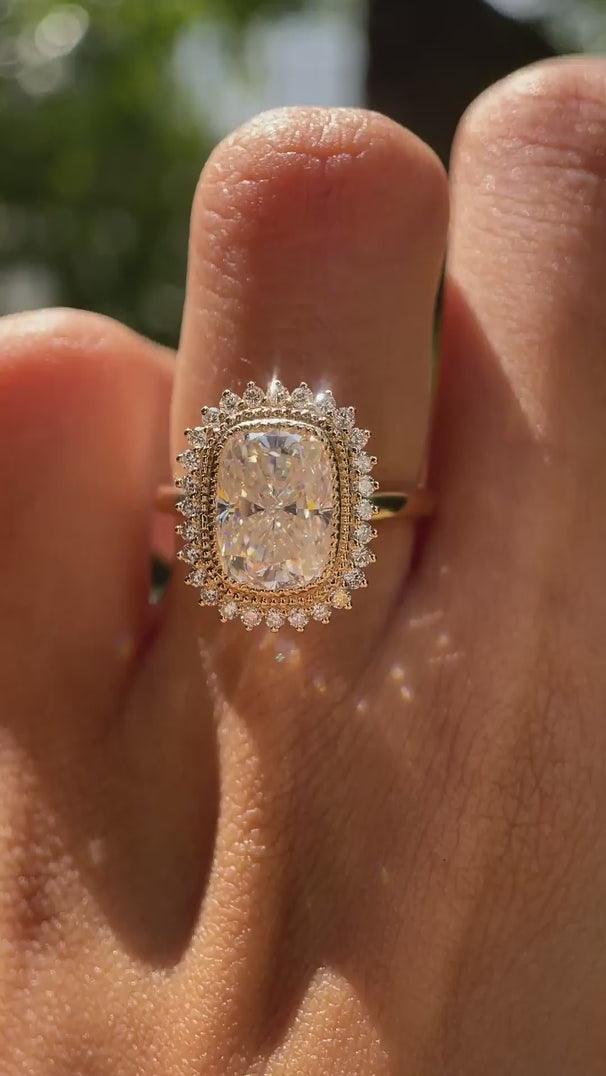 Elongated cushion milgrain bezel halo engagement ring video