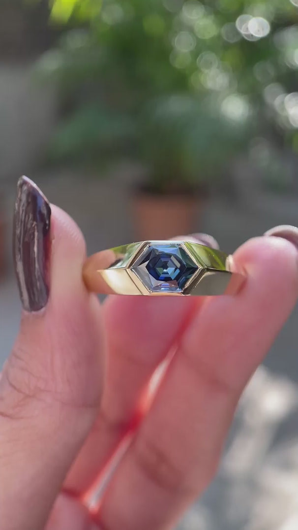 Bezel set hexagon step cut moissanite ring with knife edge tapered band video