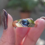 Bezel set hexagon step cut moissanite ring with knife edge tapered band video