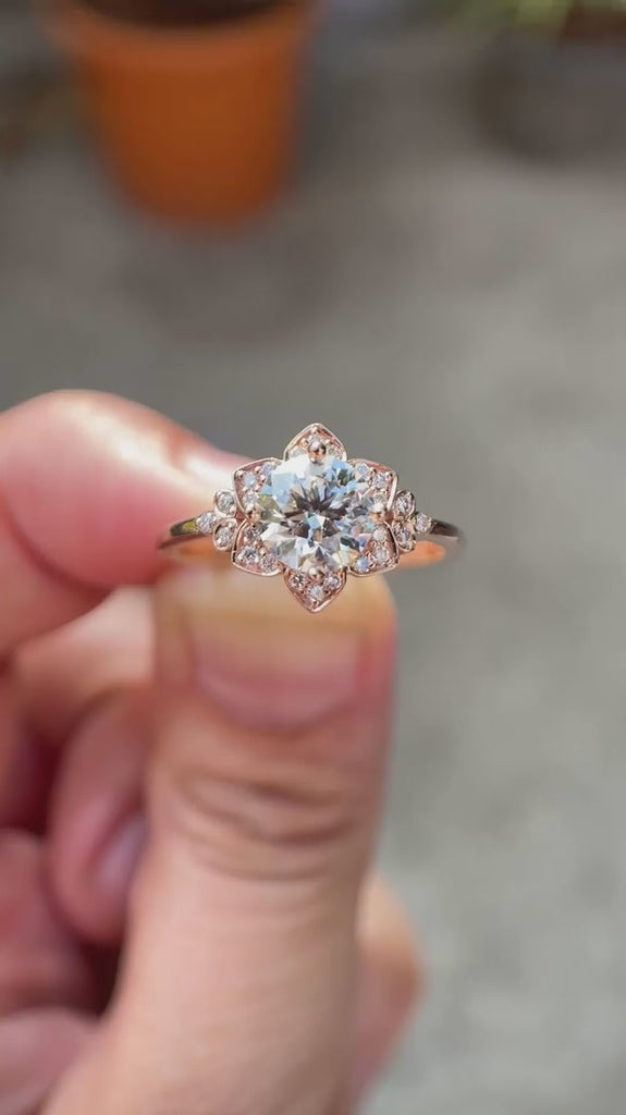 Video showcasing round heart and arrow cut lab grown diamond floral halo ring