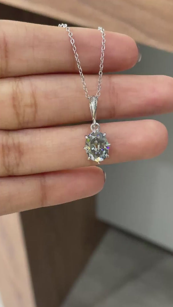 Vintage style oval bluish grey moissanite solitaire pendant necklace