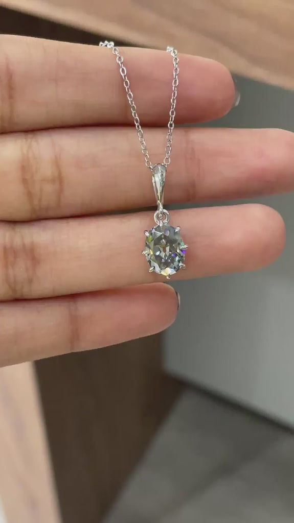 Vintage style oval bluish grey moissanite solitaire pendant necklace
