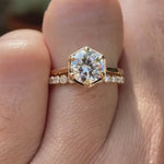 Video showing cathedral style round lab grown diamond engagement ring with bubble band in 14K yellow gold