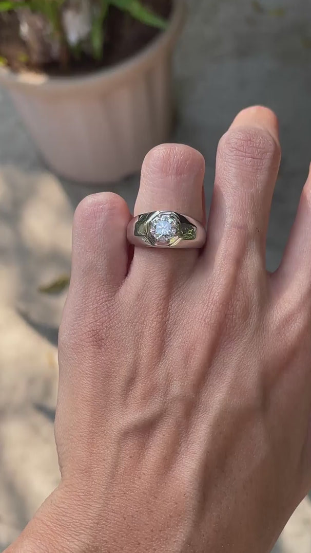 Men’s platinum signet ring with 1 CT lab grown diamond on hand video
