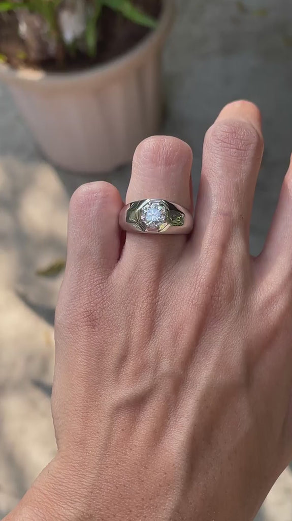 Men’s platinum signet ring with 1 CT lab grown diamond on hand video