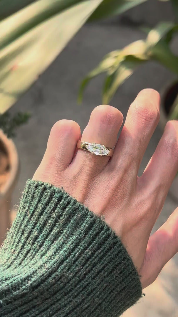 East west set old mine cut moval engagement ring on hand video