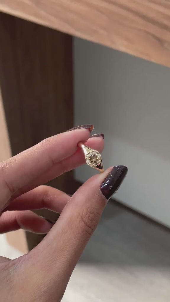 Vintage champagne moissanite bezel set signet ring yellow gold video