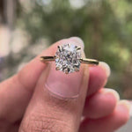 Video showcasing elongated cushion Old Mine cut lab grown diamond solitaire ring in 18K yellow gold