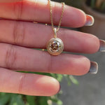 Round cut light champagne moissanite pendant yellow gold brushed matte finish