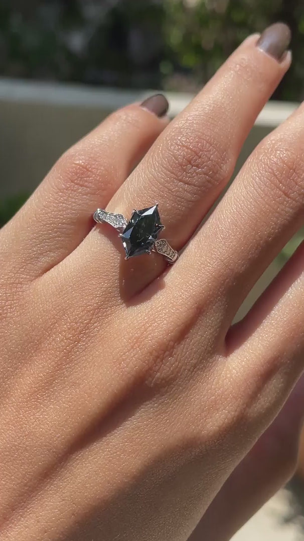 Dark grey moissanite art deco milgrain white gold ring video