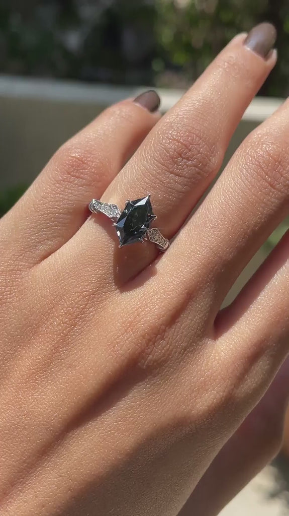Dark grey moissanite art deco milgrain white gold ring video