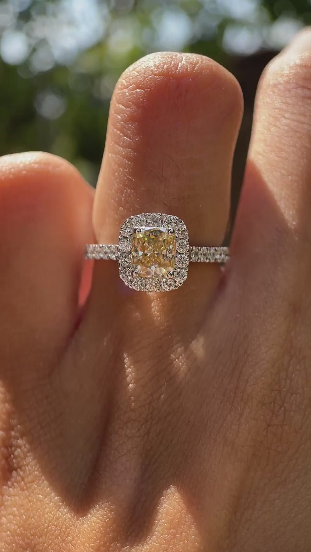 Champagne moissanite halo ring on hand pave band video