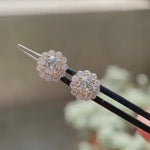 Round halo lab diamond stud earrings sparkling in yellow gold screw back design