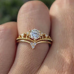 Round lab grown diamond engagement ring set in 14K yellow gold shown from multiple angles