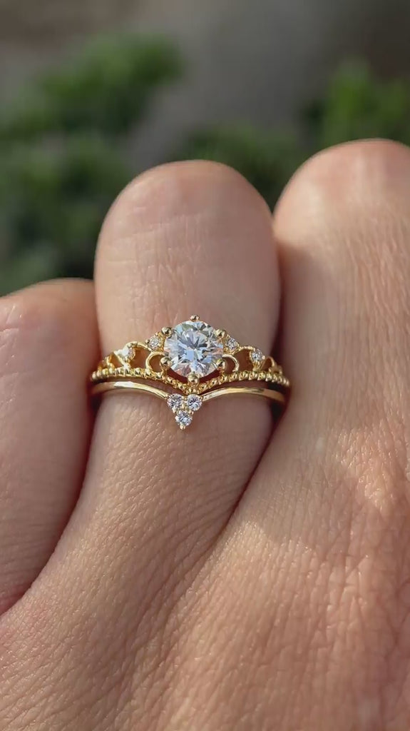 Round lab grown diamond engagement ring set in 14K yellow gold shown from multiple angles
