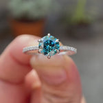 Round fancy vivid blue lab grown diamond solitaire ring with pavé band